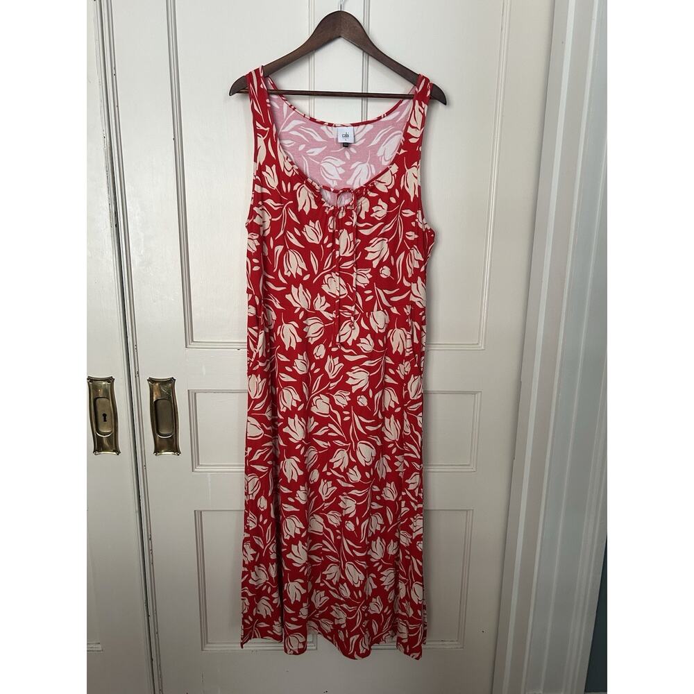 Cabi Floral Stretch Maxi Dress Womens Size Large Red Tan Comfort Beach Preppy